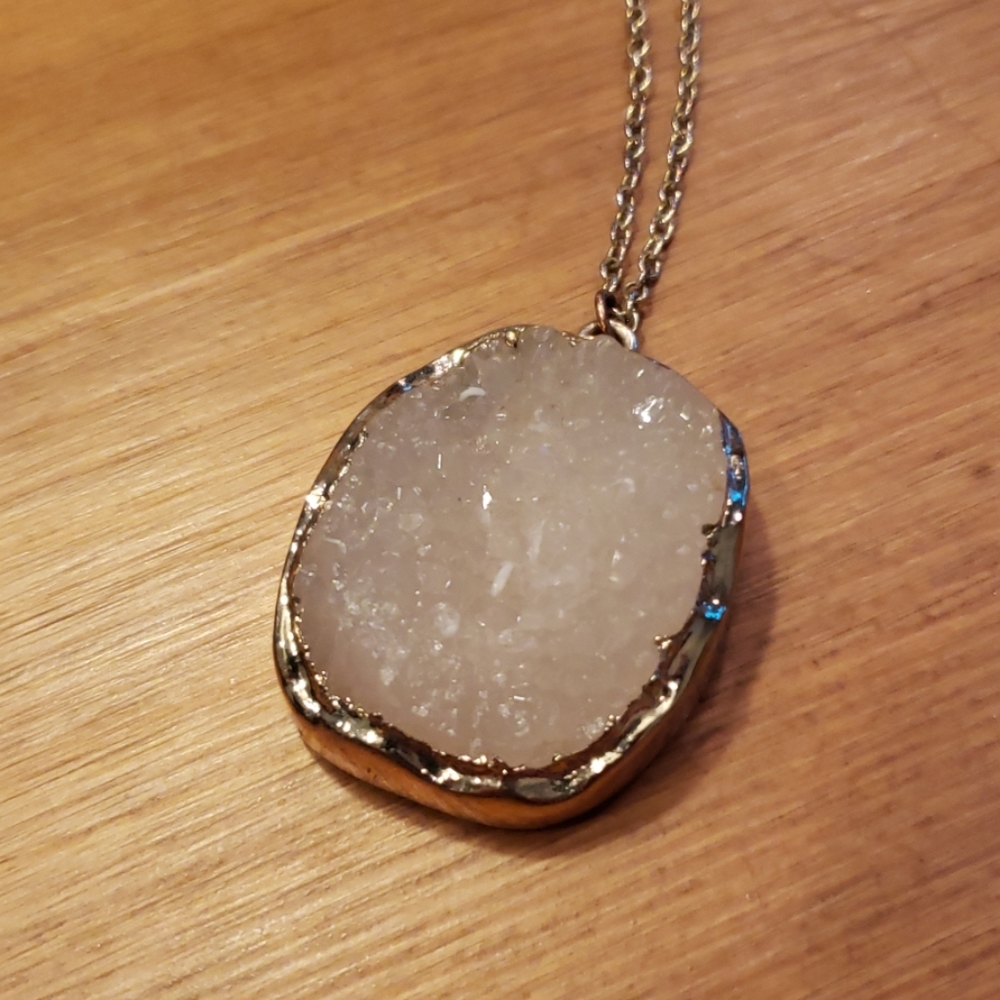 Golden Edged White Druzy Crystal Necklace